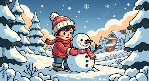 A cheerful young child wearing a red hat and scarf proudly stands next to a freshly made snowman in a snow-covered forest clearing with a cozy house in the background on a gentle winter day