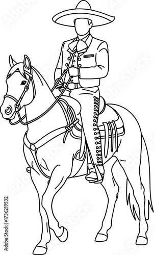 Line Drawing of a Charro Cowboy Riding a Horse rider equestrian