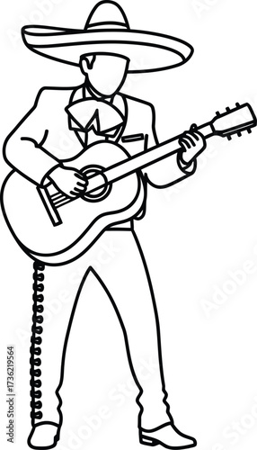 Mariachi Musician Playing Guitar Outline vector illustration