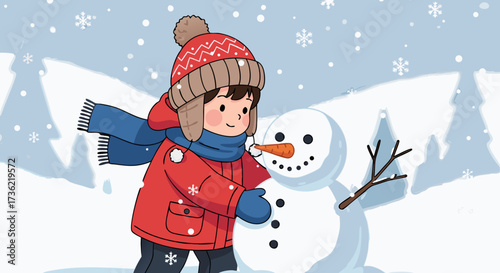 A joyful child in a red winter coat and hat building a snowman with a carrot nose, celebrating the magic of a snowy day and wintertime fun outdoors