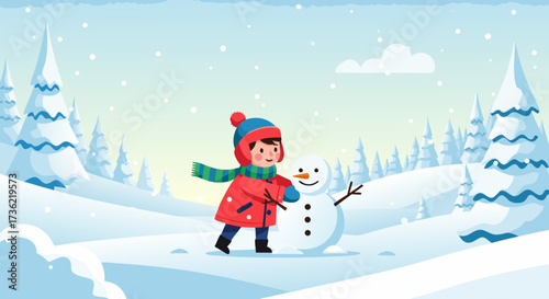 Winter Fun A Child Joyfully Builds a Snowman in a Snowy Landscape with Evergreen Trees and Falling Snowflakes, Celebrating the Season