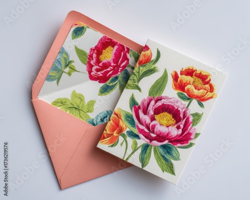 Vibrant Hand-Painted Peony Greeting Card with Open Peach Envelope, Elegant Flat Lay for Celebrations.