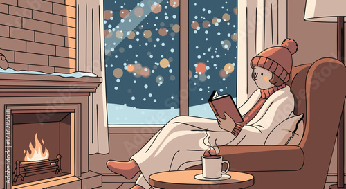 Cozy Winter Evening Person Reading by Fireplace with Hot Drink and Snow Falling Outside Window, Warm and Relaxing Atmosphere