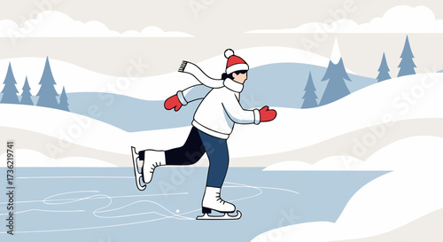 Flat illustration of a person ice skating on a frozen pond amidst a snowy landscape with pine trees and a cloudy sky, winter sports and outdoor activity theme
