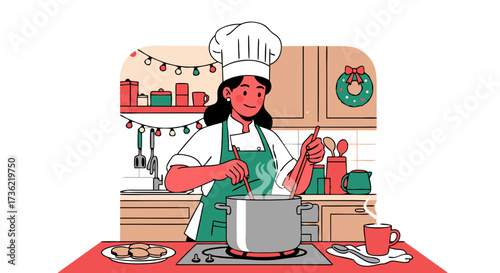 Festive Holiday Cooking Illustration of a Woman Chef Preparing a Delicious Meal in a Cozy Kitchen, Decorated for Christmas Celebrations
