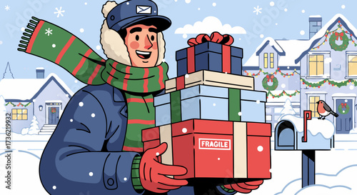 Festive mail carrier delivering holiday gifts in a snowy neighborhood, spreading Christmas cheer with a smile and warm attire