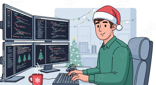 Festive coder working on computer setup with multiple monitors decorated for Christmas with twinkling lights and a Santa hat on the programmer's head