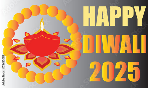 Happy Diwali 2025 greeting with festive Diya.Colorful Diwali 2025 greeting card featuring traditional oil lamp diya with decorative rangoli design on a bright festive background.EPS 10/ AI.
