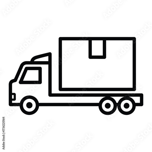 A delivery truck with a large box, depicted in simple line art, representing transportation, logistics, and shipping services