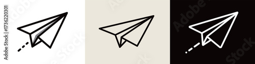 This artwork showcases a simple paper airplane design in black, white, and beige, emphasizing minimalism and clean lines.