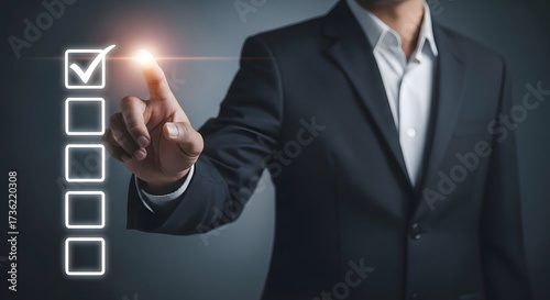 Checklist completion concept with business man ticking box for task management and productivity