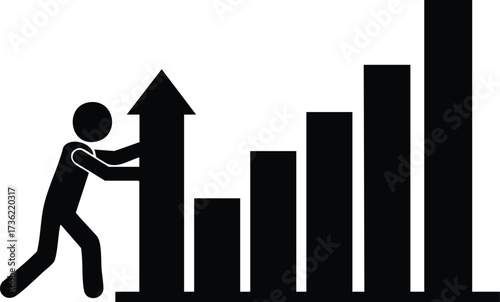 Dynamic business growth illustration featuring a determined figure pushing an upward trending bar chart, conveying success and achievement professionally