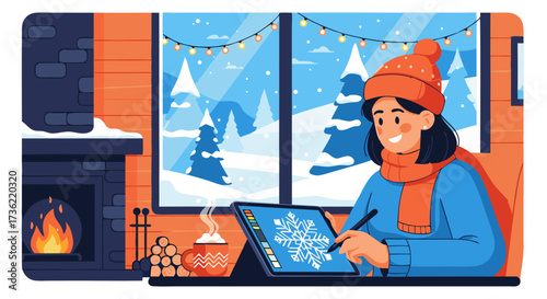 A cheerful woman in a cozy setting, wearing a warm hat and scarf, is creating a snowflake design on a digital tablet by a crackling fireplace, with a snowy landscape visible through the window