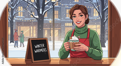 A cheerful barista in a red apron and green turtleneck serves a warm, frothy beverage at a cozy cafe with a snowy window display and festive lights