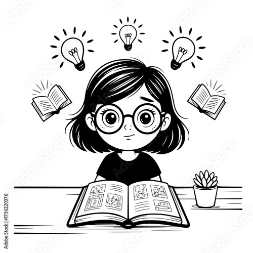 Cute Girl Reading Book with Ideas Illustration in Black and White