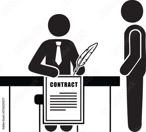 Signing a business contract with a quill pen for a creative partnership with legal document in hand, sealing the deal for success and innovation