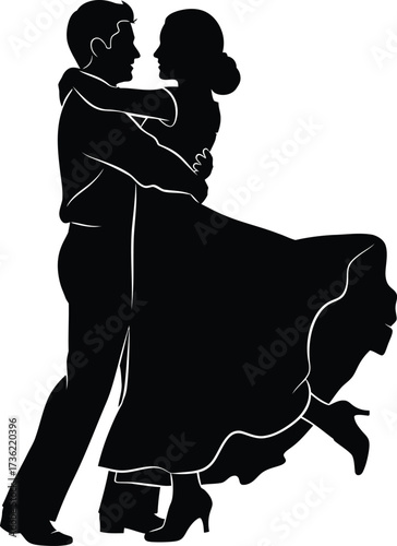 Silhouette of a couple embracing while dancing ballroom dance with flowing dress