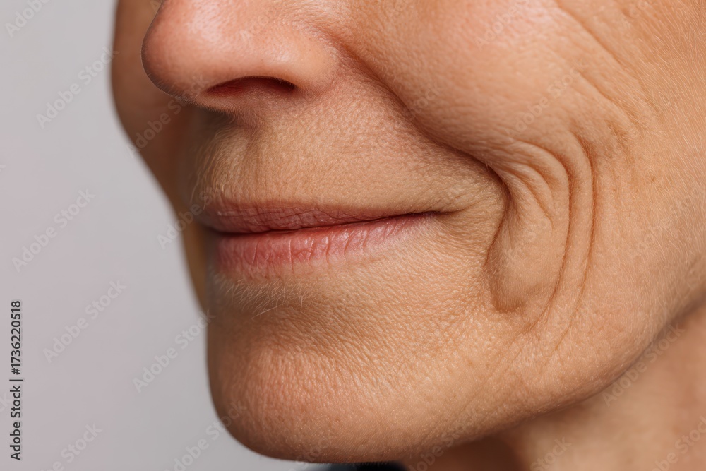 Obraz premium Close-up of Flabby Skin and Wrinkles at Mouth Corner