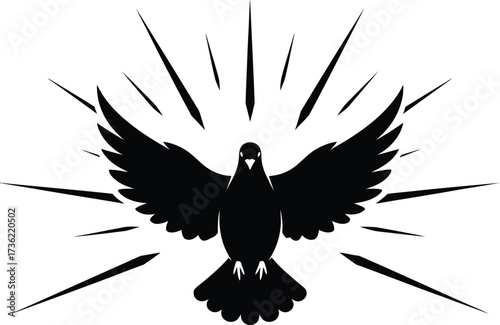 Silhouette of a dove with wings spread and radiating light rays bird
