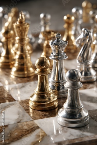 Polished Gold and Silver Chess Pieces on Marble Board, Strategic Game Setup, Shallow Depth of Field.