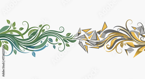 Elegant nature-inspired flourish with abstract geometric elements in green and gold on a white background, symbolizing harmony and transition