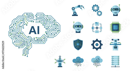 Flat Conceptual Illustration of Artificial Intelligence and Automation Element Icons Set