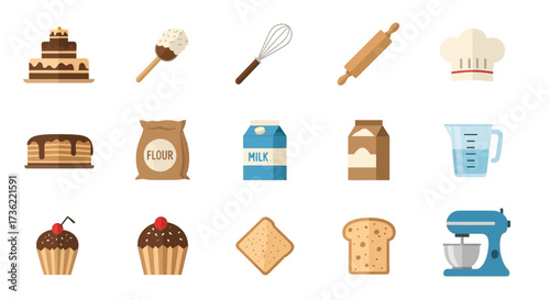 Flat Design Culinary Baking Ingredients and Utensils Colorful Icon Set