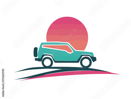 A vintage off-road vehicle drives across an open landscape as the sun sets in the background. The sky displays vibrant hues of pink and orange during twilight.