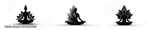 Three silhouettes representing meditation and inner peace, each surrounded by distinct leaf designs, create a calming visual. Ideal for mindfulness and wellness themes.