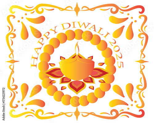 Happy Diwali 2025 greeting with festive Diya.Colorful Diwali 2025 greeting card featuring traditional oil lamp diya with decorative rangoli design on a bright festive background.EPS 10/ AI.
