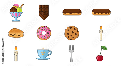 Simple Line Art Sweet Food and Daily Object Icon Collection