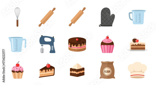 Flat Design Baking and Dessert Preparation Equipment and Ingredients Illustration