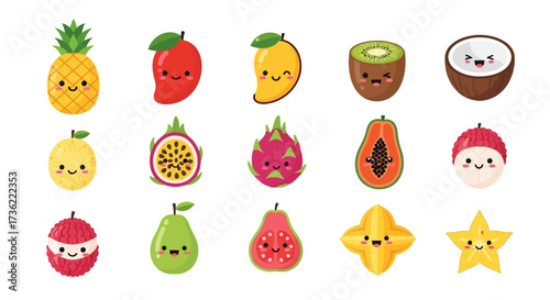 Flat Illustration Set of Various Tropical Fruit with Cute Smiling Face