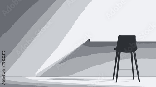 Stylish black high stool in an empty modern room, featuring dramatic light and shadow patterns on walls and floor, monochrome abstract design.