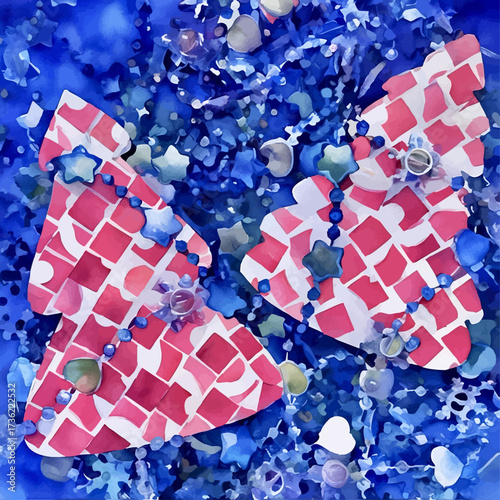 Two pink collage Christmas trees against the indigo background filled with decorative toys and decorated with bead garland; a watercolor-styled vector illustration for greeting cards, winter holidays.