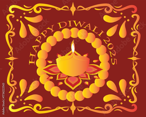 Happy Diwali 2025 greeting with festive Diya.Colorful Diwali 2025 greeting card featuring traditional oil lamp diya with decorative rangoli design on a bright festive background.EPS 10/ AI.