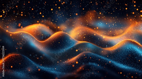 Abstract digital art featuring glowing waves with particles