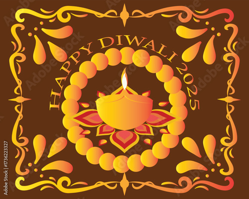 Happy Diwali 2025 greeting with festive Diya.Colorful Diwali 2025 greeting card featuring traditional oil lamp diya with decorative rangoli design on a bright festive background.EPS 10/ AI.