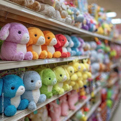 Vibrant Plush Toy Collection - Colorful Stuffed Animals on Bright Store Shelves, Playful Display.