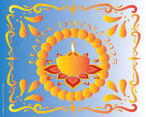Happy Diwali 2025 greeting with festive Diya.Colorful Diwali 2025 greeting card featuring traditional oil lamp diya with decorative rangoli design on a bright festive background.EPS 10/ AI.