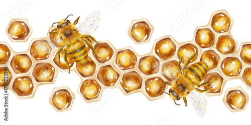 Bild auf Leinwand Seamless watercolor border featuring golden honeycombs and realistic bees