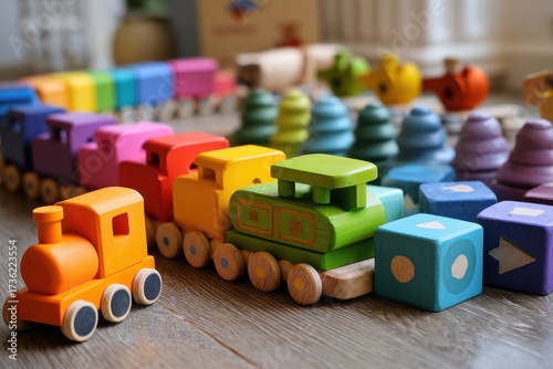 Vibrant Rainbow Wooden Toy Train and Stacking Blocks on a Hardwood Floor.