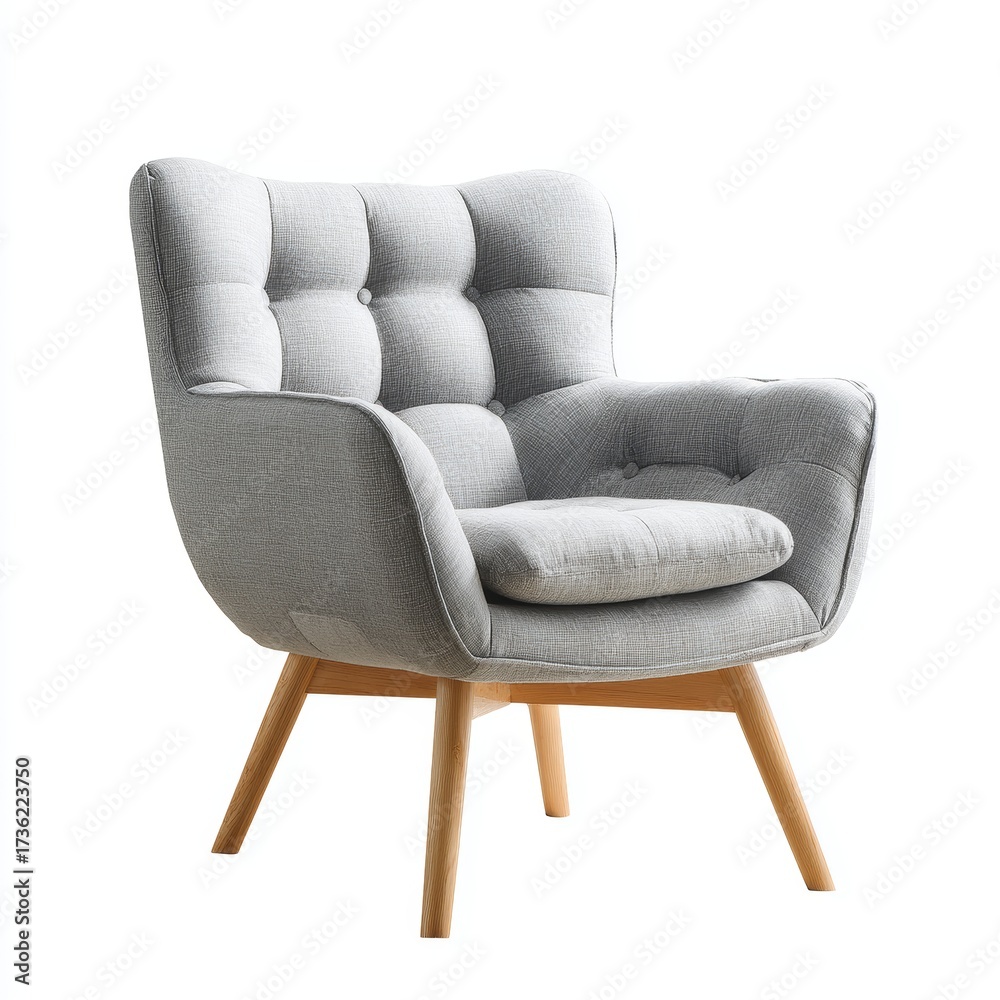 Naklejka premium A cozy and stylish armchair, with light grey fabric and wooden legs