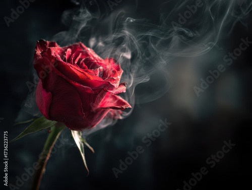 Vibrant Red Rose Bloom Shrouded in Ethereal Smoke Against a Dark Background.