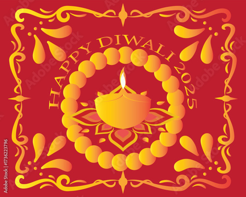 Happy Diwali 2025 greeting with festive Diya.Colorful Diwali 2025 greeting card featuring traditional oil lamp diya with decorative rangoli design on a bright festive background.EPS 10/ AI.
