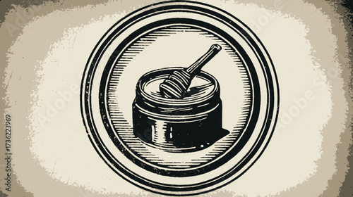 Vintage Illustration of Honey Jar with Dipper, Rustic Emblem Design. Natural Sweet Food Concept, Retro Style Drawing, Organic Product