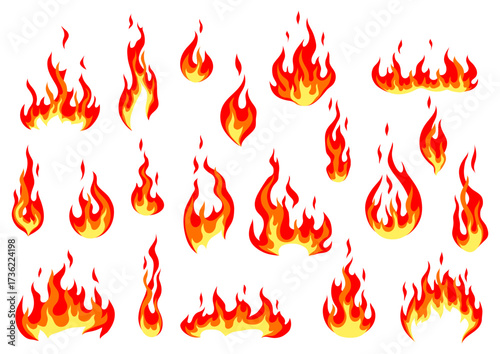 Set of stylized fire or flames. Burning red fire or bonfire.