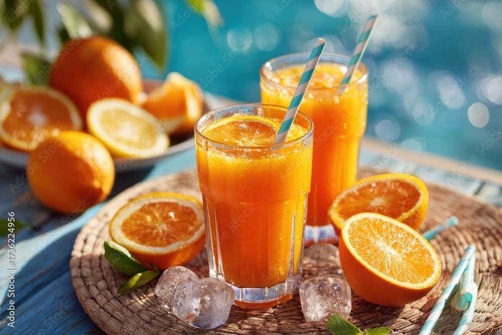 Fototapeta premium Refreshing Orange Juice Glasses with Sliced Oranges on Sunny Summer Day.