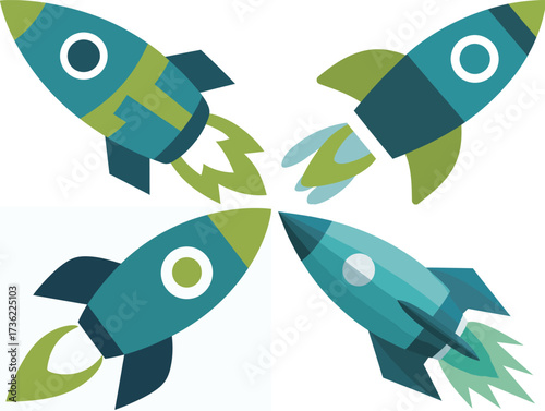 Four colorful rockets are shown in various orientations, symbolizing creativity and innovation. The vibrant design captures attention and sparks imagination.