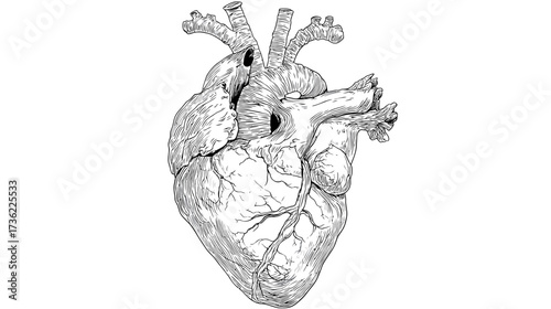 Detailed anatomical illustration of a human heart, hand-drawn sketch style, medical diagram, isolated on white background, cardiology concept